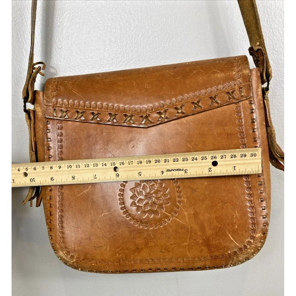 Vintage Leather Hand Tooled & Beaded Handbag Crossbody Tan Fringe Hippie Boho